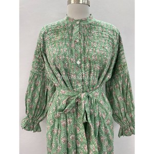 Bán Buôn Phụ Nữ Của 100% Bông Mùa Hè Ăn Mặc Handmade Khối In Ddiềm Vành Đai Và Nút Đứng Cổ Áo Giản Dị Đảng Mặc Ăn Mặc - Product Image 3