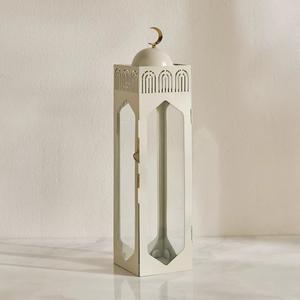 Elegante Lámpara de Ramadán de Metal Blanco con Paneles de Vidrio, Diseño Alto con Luna Creciente, Brillo Suave de Vela para Decoración Moderna del Hogar - Product Image 2