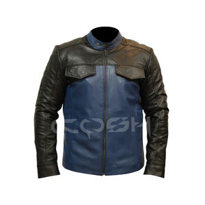 Veste de motard en cuir bleu nuit de style urbain moderne, veste streetwear bicolore avec poches poitrine - Product Image 1