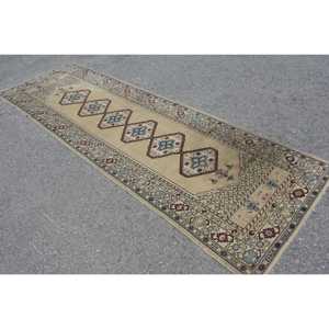 Vintage Rug, 3.5x10.9 ft Turkish Rug, <b>Brown</b> Blue Floral <b>Wool</b> Rug - Product Image 1