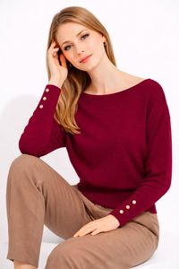 Pull en maille élégant pour femme à col bateau et manches chauve-souris - Haut ample côtelé chic avec poignets à boutons dorés - Product Image 6