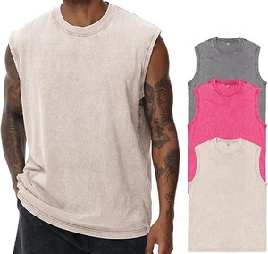High Quality 100% Cotton Custom Vintage Acid Wash Rhinestone Plus Size Cut <b>Sleeveless</b> <b>T</b>-<b>Shirt</b> Men's Loose Fit Tank - Product Image 2