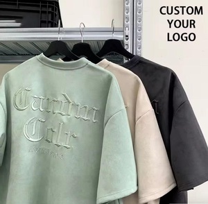 T-shirt col rond en coton tricoté épais respirant personnalisé, uni, noir, coupe oversize confortable pour homme, imprimé en relief sur le devant - Product Image 1