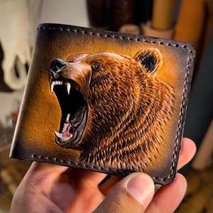 Luxurious Hand Tooling 100% Genuine Leather Short Vintage Animal Prints RFID Blocking <b>Waterproof</b> Zipper Closure Multi-Use Men's - Product Image 2