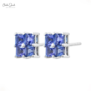 Bijoux en tanzanite naturelle pour femmes Boucles d'oreilles en pierres précieuses de taille princesse 3mm Boucles d'oreilles en grappe en or blanc 14 carats Grossiste d'usine - Product Image 6
