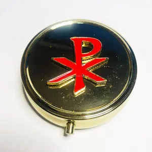 Handmade Brass Pyx Keepsake Box With Shiny Polish Finishing Round Shape Letters Inlay Design Red Enamel For Religious Use