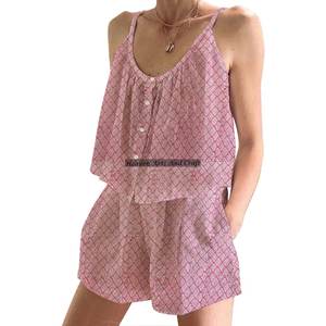 Conjunto de Pijama Corto de Algodón con Estampado Floral Bohemio para Mujer, Primavera/Verano, Floral, Ajustado, con Tirantes, Sin Mangas - Product Image 2