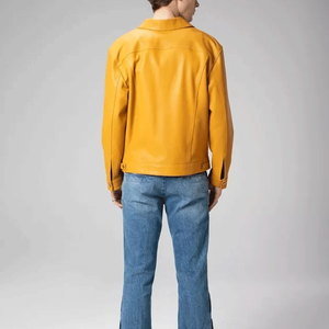 Chaqueta bomber con cierre abotonado de piel de cordero auténtica roja de camionero clásico para hombre - Product Image 4