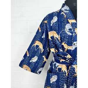 Kantha Pur 100% Cotton Reversible Long Kimono Pastel Green Monkey Animal Print Leisure Veste with Mandarin Collar for Women - Product Image 3