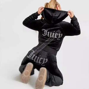 Traje de terciopelo personalizado para mujer, informal, con patrón sólido, de secado rápido, transpirable, 100% algodón, diamantes de imitación, de 2 piezas conjunto largo, chándales - Product Image 1