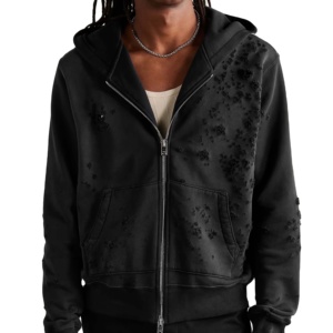 100% coton hommes détresse personnalisé sweat à capuche zippé pour hommes fabriqué en usine de haute qualité contraste couleur sweats à capuche tissu confortable - Product Image 3