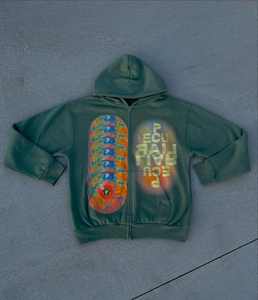 Custom Green Color Oversize Zip Up Hoodie Dtg Screen Print Hoodies Acid Wash Vintage Men Sun Faded <b>Streetwear</b> Hoodie - Product Image 1