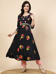 High Quality Soft Cotton Women Black Color A-line Elegant <b>Three</b> Quarter Sleeve Embroidered Solid Summer Kurta Wholesale Price - Product Image 2