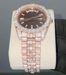 Montre mécanique automatique Miyota à deux tons brun, entièrement sertie de moissanite, en acier inoxydable, verre cristal, 40 mm, vintage luxueuse - Product Image 4