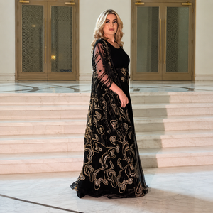 Vestido Kaftán Negro de Lujo con Bordado para Mujer, Elegante Vestido Árabe de Noche, Largo hasta el Tobillo, Mangas de Malla con Cuentas, Hecho a Mano - Product Image 1