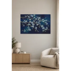 Impression sur toile Fida avec motif de branche florale bleu marine et d'oiseaux bleus - Product Image 5