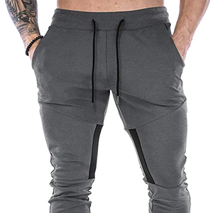 Pantalon de jogging bicolore gris noir slim Cargo pour hommes Poches à fermeture éclair Taille élastique Pantalon de survêtement athlétique à jambe conique décontracté respirant - Product Image 1