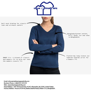 Camiseta básica ecológica de manga larga con cuello en V para mujer, camiseta elástica de algodón ajustada de secado rápido, comodidad teñida Lisa renovada - Product Image 4