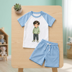 Ensemble T-shirt et short pour enfants en coton 100% à manches raglan, col rond, deux pièces, vêtements décontractés d'été - Product Image 1