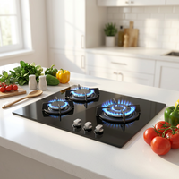 Table de cuisson à gaz encastrable 3 brûleurs 60 cm en verre trempé noir GPL avec commande par bouton minuterie pour cuisine (Afrique, Ghana)