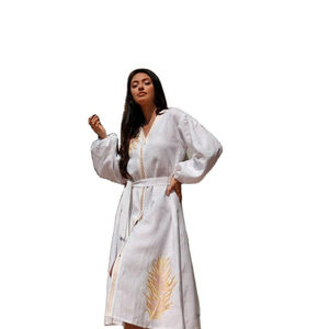 Indian Winter Wear <b>Women</b> Amber Ukrainian <b>Dress</b> Puff Long Stylish Sleeve v Neck Hand Embroidered Ukrainian <b>Dress</b> with Belt - Product Image 1