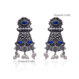 ต่างหูห้อย jhumka สีเงินโบราณของผู้หญิงอินเดียจัดงานแต่งงานปาร์ตี้หมั้นไข่มุกเพชรส่วนใหญ่ทำจากทองเหลือง - Product Image 1