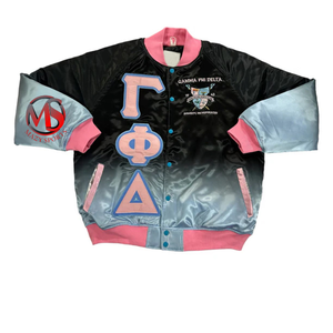 Venta al por mayor Sorority All Over Sublimation Print Gamma Phi Delta Cuello acanalado y botón inferior Chaquetas de béisbol Parafernalia - Product Image 1
