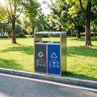 Poubelle extérieure double en acier inoxydable SD-80A avec abri anti-pluie, poubelle publique à deux compartiments avec cendrier