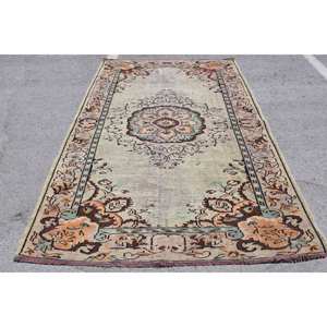 Tapis Turc Vintage 5.7 X 8.7ft Vert Orange Patchwork Motif Fait Main Laine Viscose Rectangulaire Couloir Style Latex pour Adolescents - Product Image 1