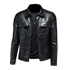 Veste en cuir pleine fleur à col montant pour hommes de haute qualité Slim-Fit attrayant rayé noir ivoire fermeture éclair enduit hiver - Product Image 1
