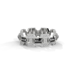 Bague chaîne géométrique Hexa Link en argent sterling 92,5 avec émail noir et diamants pavés, maillons hexagonaux alternés, style moderne - Product Image 2