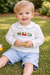 Conjunto de Ropa para Bebé Niño OEM, Camiseta de Manga Larga con Bordado de Tren y Pantalones Azules, Traje para Bebé - Product Image 3