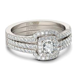 Ensemble de 3 bagues de mariage Jeulia Halo - Argent sterling plaqué or avec accents de diamants - Product Image 1