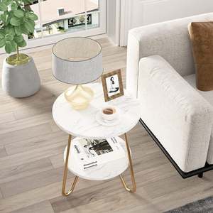 Table de chevet en marbre, table d'appoint en marbre pour salon, table de chevet ronde dorée pour chambre à coucher avec 2 couches d'étagère de rangement - Product Image 3