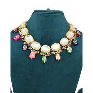 Ensemble de collier plaqué or Kundan avec perles de zircon multicolores pour mariage ou bijoux fins, cadeau pour femmes - Product Image 3