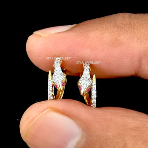 14K Solid Gold Natural Diamond <b>Snake</b> Hoop Earrings Fine <b>Jewelry</b>. - Product Image 3