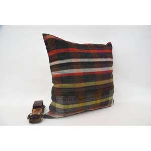 Oreiller à motif tartan multicolore 24x24 pouces Vintage Wool Kilim Plaid Woven Technique - Product Image 2