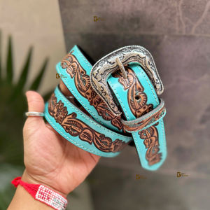 Ceintures en cuir véritable faites à la main usiné à la main sculpture en cuir élégant ceintures occidentales unisexe couleur Turquoise ceintures inde - Product Image 1