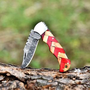Gran oferta, cuchillo de bolsillo plegable de acero de Damasco hecho a mano personalizado, mango de madera de cuero, hermosos cuchillos para acampar al aire libre, soporte OEM - Product Image 5