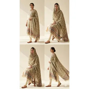 Dupatta en coton Kalamkari à motif floral de vigne doré, dessiné à la main - Product Image 5
