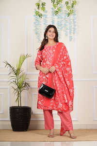 Red Floral Printed Embroidered Cotton Cambric Straight Kurta Set Women Round Neck & 3/4th Sleeves Paired <b>Chevron</b> Pant & Dupatta - Product Image 5