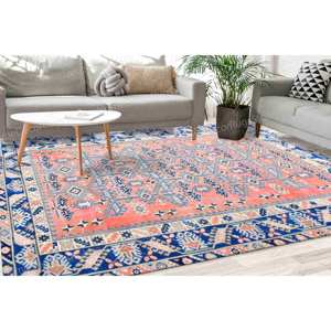 Alfombra Roja y Azul Marino, Alfombra Estampada con Motivos Navajo, Aztecas y Turcos, Alfombra de Terciopelo de Lujo - Product Image 1