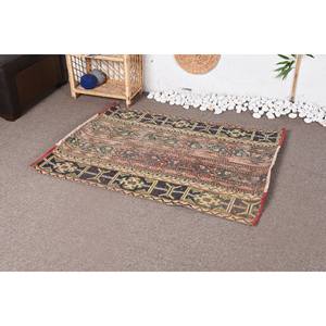 Classic Beige and <b>Black</b> Handmade Vintage Turkish Wool <b>Rug</b> 3.3 X 4.2 ft Rectangular Patchwork Design for Bedside Latex Backing - Product Image 3