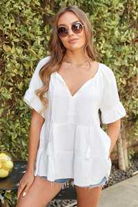 White Floral Vintage Tiered V-Neck Button Gauze Blouse Women Boho <b>Peasant</b> <b>Top</b> Short Sleeve Smocked Ruffle Casual Summer - Product Image 4