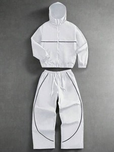 Men's Gray Full Zip Breathable Vintage Solid Tracksuit <b>Set</b> <b>Knitted</b> Polyester Casual Jogger Pants Hooded Collar Jacket Autumn - Product Image 6