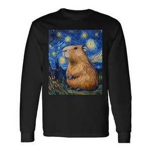Camiseta de Manga Larga con Estampado de la Noche Estrellada de Van Gogh, Diseño Promocional de Capibara - Product Image 2