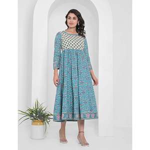 Vestido Anarkali Largo de Algodón con Estampado Azul, Cintura Imperio, Estilo Boho, Transpirable, Personalizable, ODM Gratuito para Uso Casual o de Noche - Product Image 5