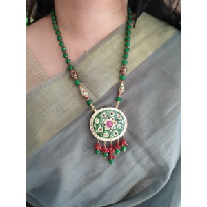 Traditional Round Pendant Kundan Necklace <b>Set</b> with Green Beads and Matching Earrings for <b>Bridal</b> and Ethnic Wear Women <b>Jewelry</b> - Product Image 3