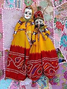 คู่หุ่น Rajasthani หุ่นเชิดอินเดียวินเทจตุ๊กตาไม้ทำด้วยมือสำหรับตกแต่งบ้านในงานแต่งงานสไตล์โบฮีเมียน - Product Image 3