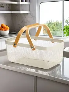 Stylish Stackable <b>Metal</b> <b>Basket</b> Organizer with Wooden Handle for Kitchen Fruits & Vegetables from Indian Supplier for Bulk Export - Product Image 3